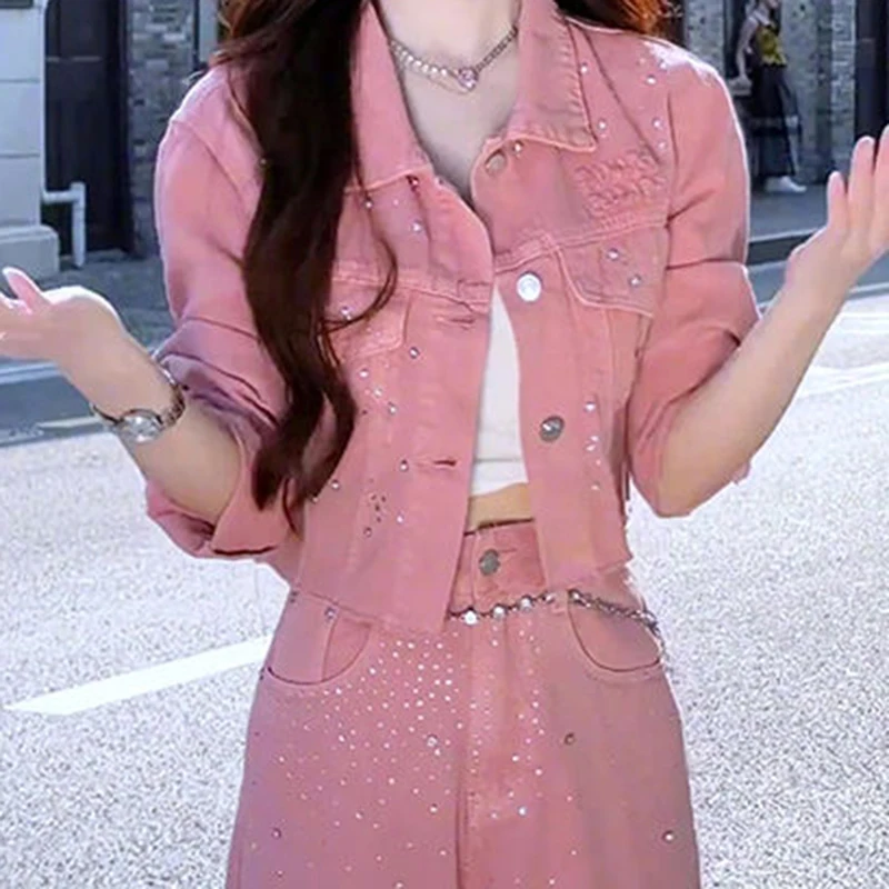 Korean high-quality temperament fashion pink denim suit women\'s autumn and winter new short coat high waist wide-leg pants