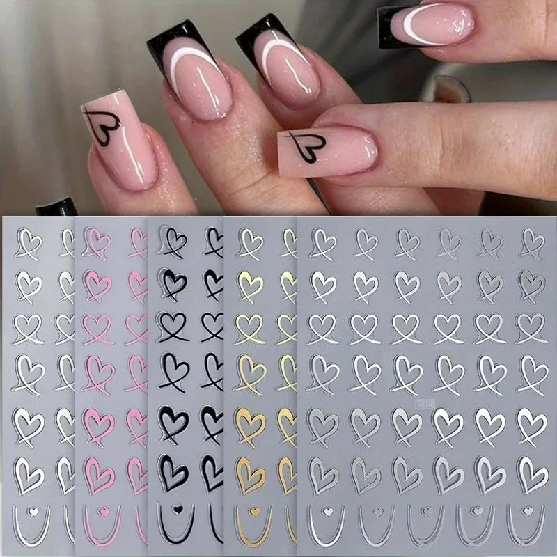 Love Theme Nail Stickers Set for Valentine's Day Silver Gold Heart Glitter Self-Adhesive Smooth Finish Nail Art Decor