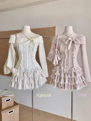 Autumn Winter New Two Piece Set Kawaii Bow Off Shoulder Long Sleeve Tops + Y2k High Waist Ruched Cake Skirt Japanese Pink Suits