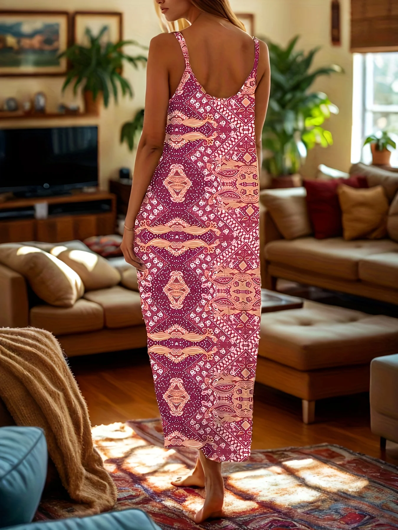 Women's Spaghetti Strap Burgundy Geometric Pattern Ethnic Boho Bodycon Dress Summer Party Vacation Casual Sundress