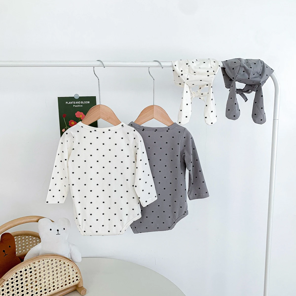 Bebê estrela estampa macacão com orelhas de coelho chapéu, manga comprida onesies, meninos recém-nascidos e meninas roupas, 2 cores