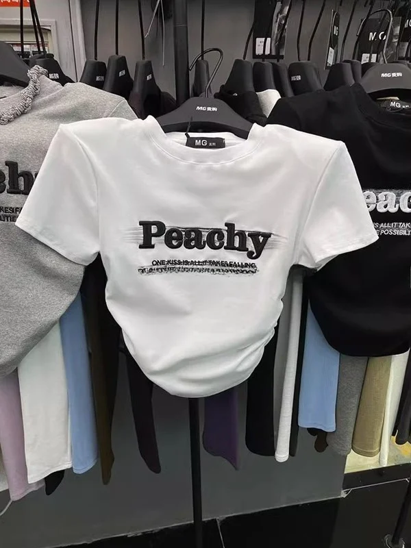 

American Spicy Girl Style Heavy Embroidery Versatile Shoulder Pad Slim Fit Short Sleeve T-Shirt Base Shirt Inner Wear 2025