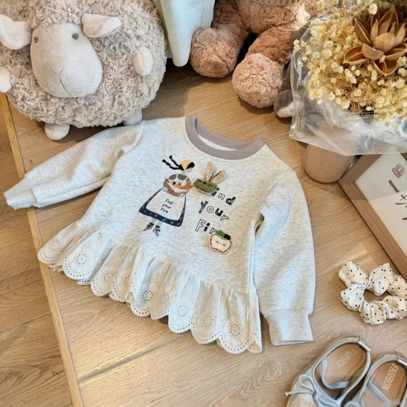 

2025Girls' Outfit New Style Girls' Baby Versatile Casual Sweet Cartoon Lace Sweatshirt and Leggings Set