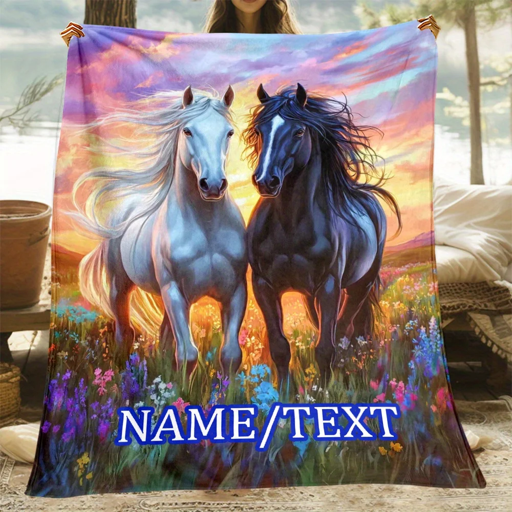 

Персонализированное одеяло для лошади с именем и текстом, дизайн «Закат на поле», мягкий флисовый плед, подарок для любителей животных, декор для дома