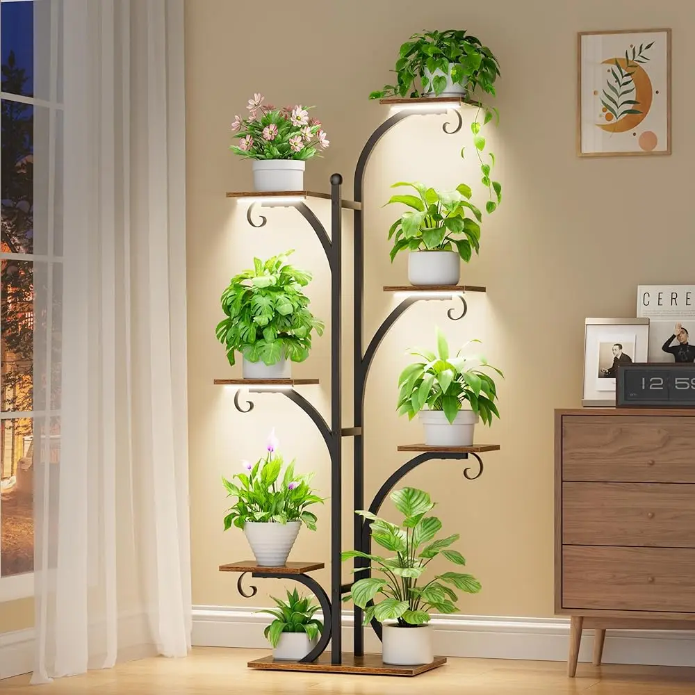 

63"" Tall 7-Tier Plant Stand With Grow Light – Indoor Metal Corner Shelf For Multiple Plants And Flowers, Decorative Display Ra