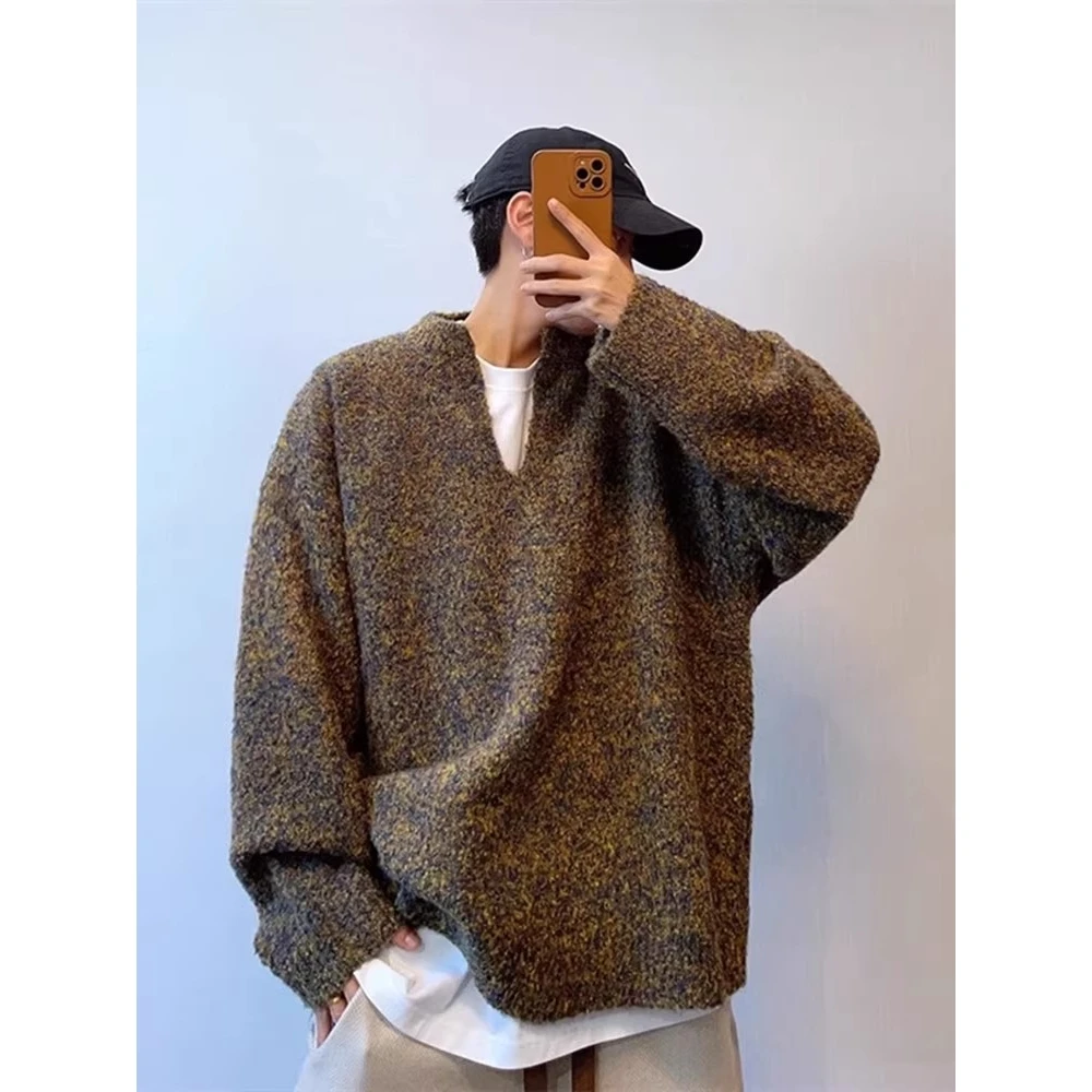 

Мужской свободный свитер с V-образным вырезом, повседневный стиль, полиэстер, большие размеры, осень-зима, модный базовый дизайн с цветовыми блоками