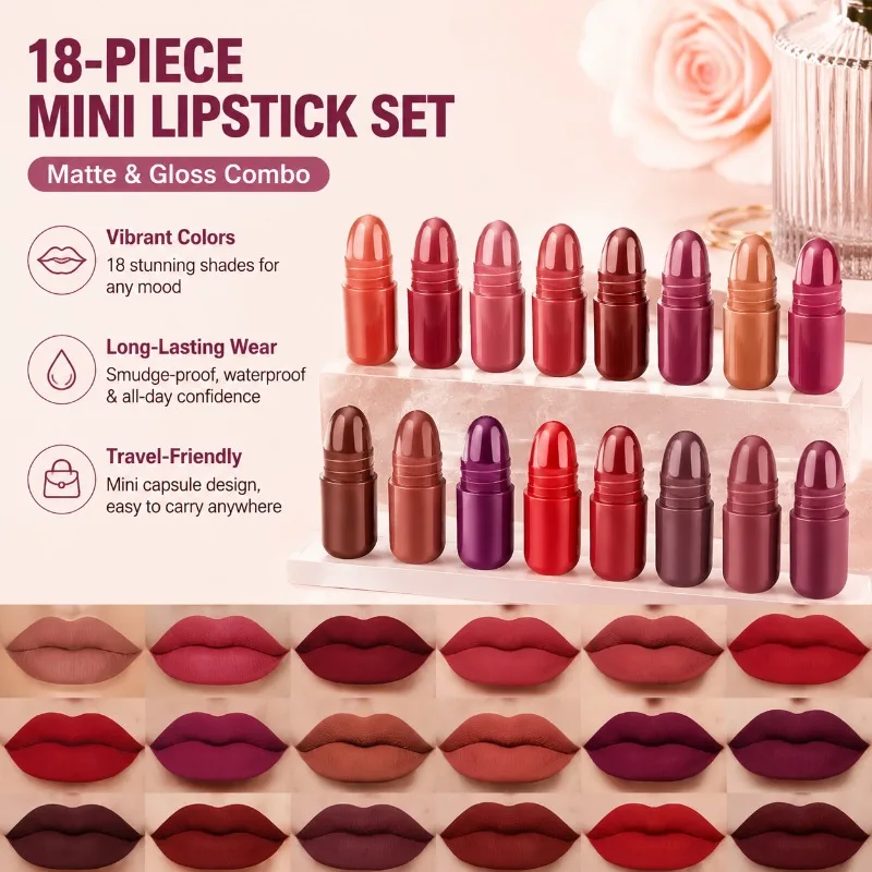 DNM 18 Colors Capsule Lipstick Set Natural Long Lasting Mini Matte Lip Balm Waterproof Anti-stain Cup Lip Cosmetic Portable