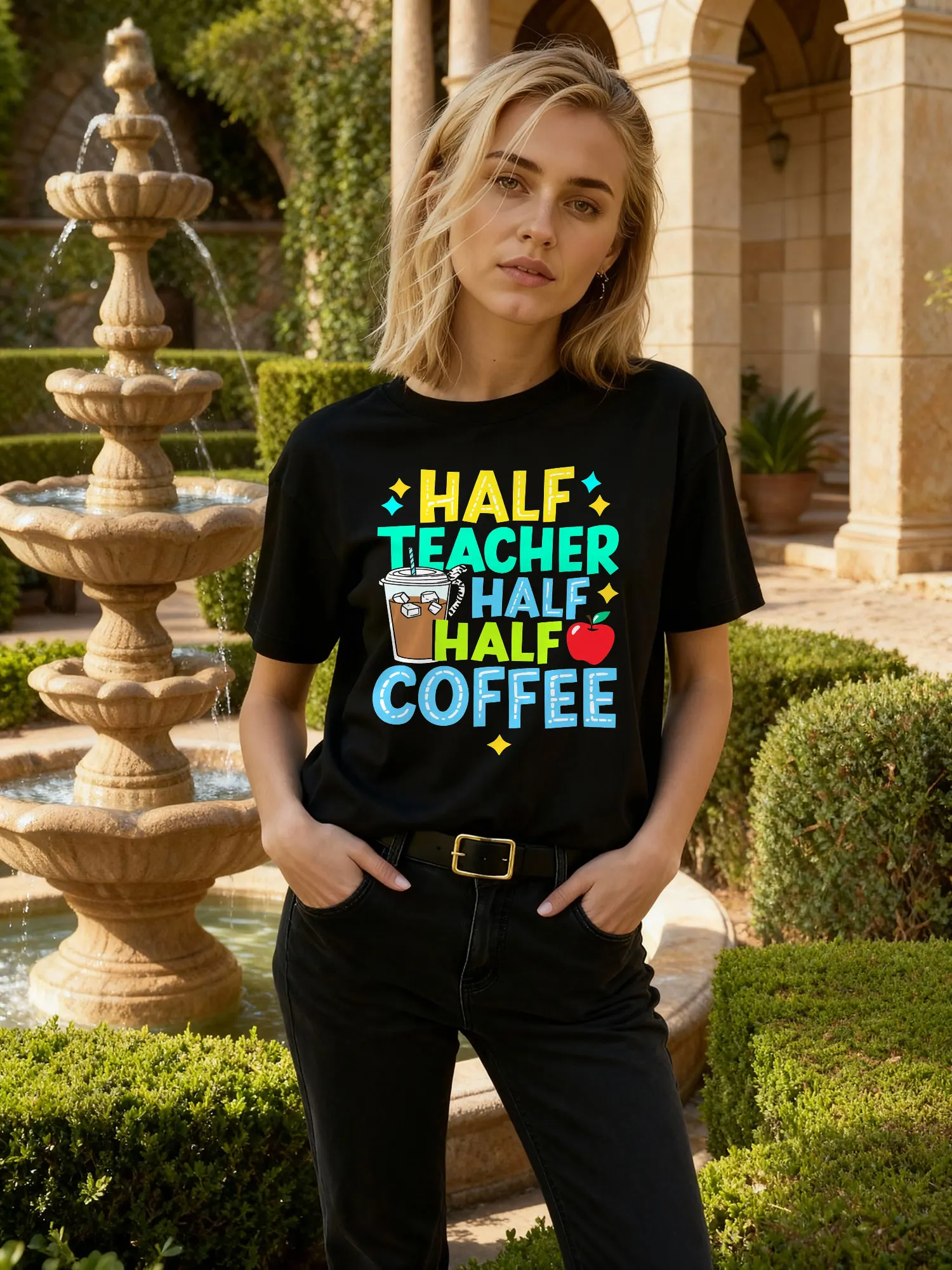 Women Casual t Shirt Black Half Teacher Half Coffee Graphic Print with Coffee Cup and Heart Design for Teachers and Coffee Lovers