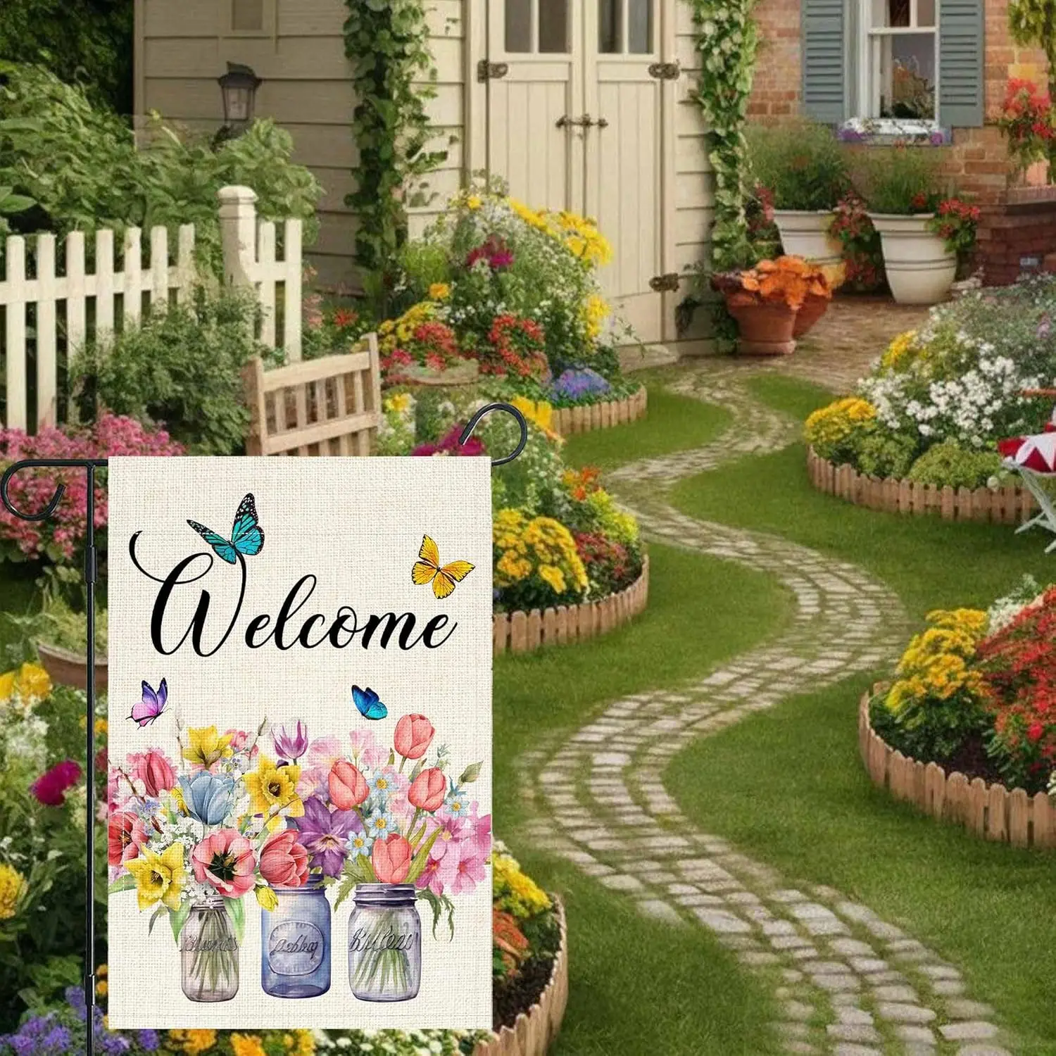 Welcome Spring Summer Tulip Sunflower Garden Flag 12 x 18 Inch Double Sided, Burlap Butterfly Floral Flower Welcome Yard Out zzo