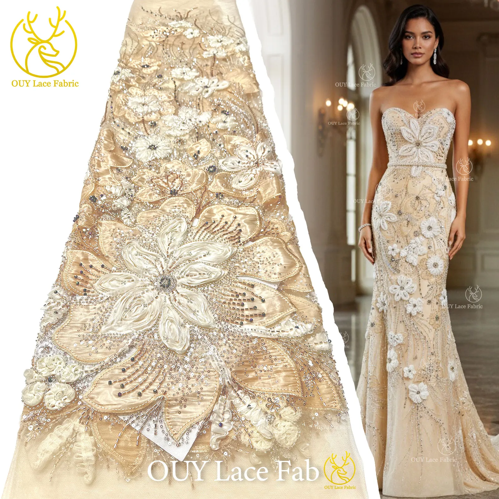 

3D Flower Tulle African Lace Fabric Elegant French Nigerian Beaded Sequins Mesh Lace For Women Wedding Dress Design Fabric