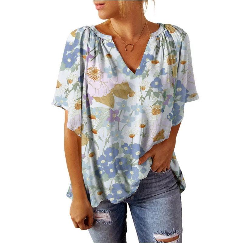 Letnia moda damska T-shirt Casual Street Luźny krój Krótki rękaw Dekolt w serek Nadrukowane bluzki dla kobiet