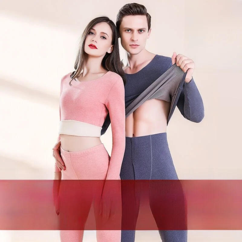 

Warm Innerwear Set for Men And Women Autumn New Style Fleece Lined AB Surface Long Sleeve Long Pants Thermal Clothing Set