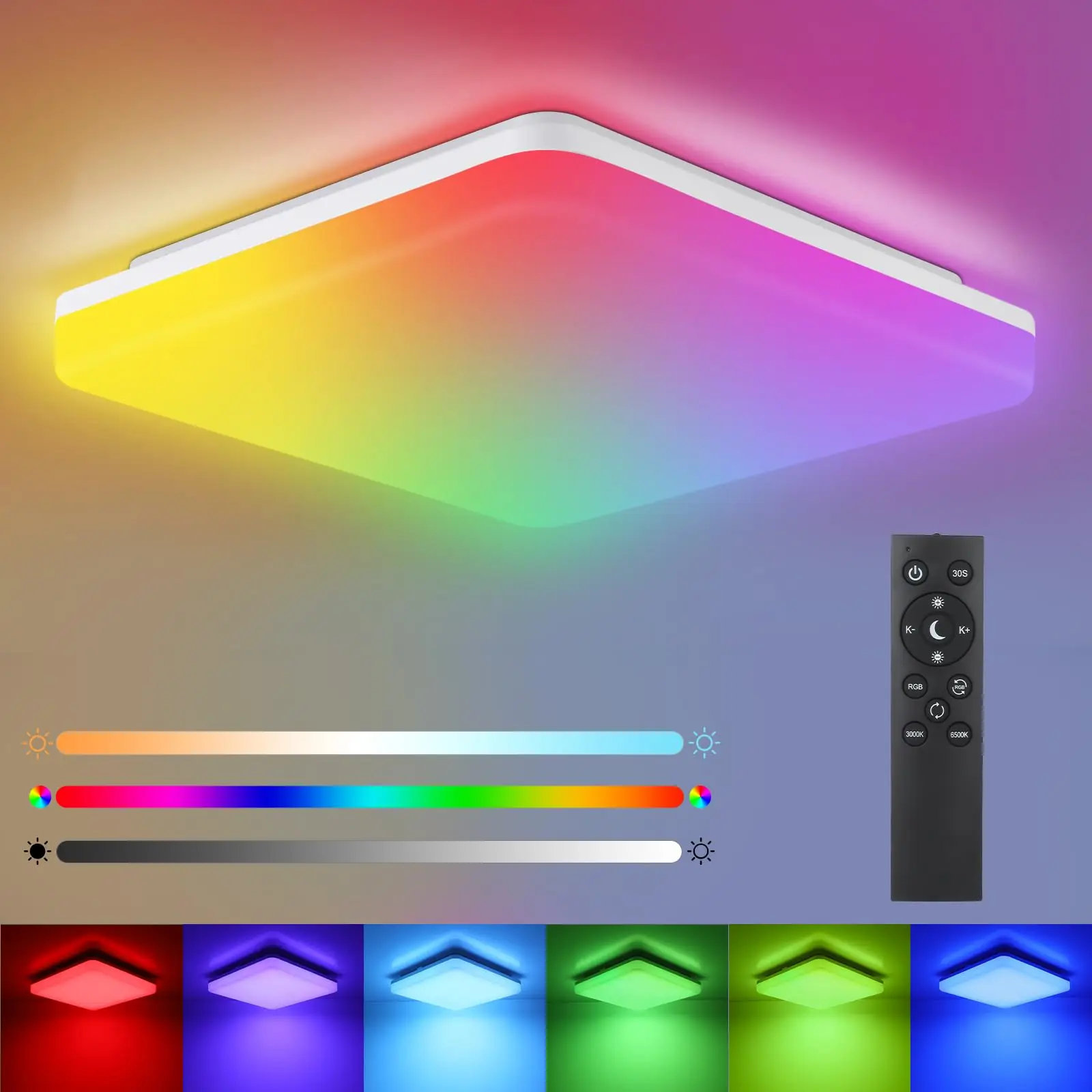 Plafoniera LED RGB 24W 2400LM, plafoniera dimmerabile con telecomando, 3000K–6500K, 7 modalità RGB, memoria, lampada quadrata moderna