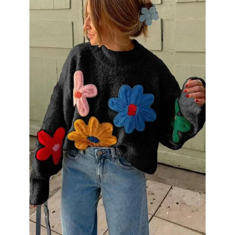 plus Size Colorblock Floral Embroidered Drop Shoulder Women's Sweater Summer 2025 Fashion Other Style Other Material 100%