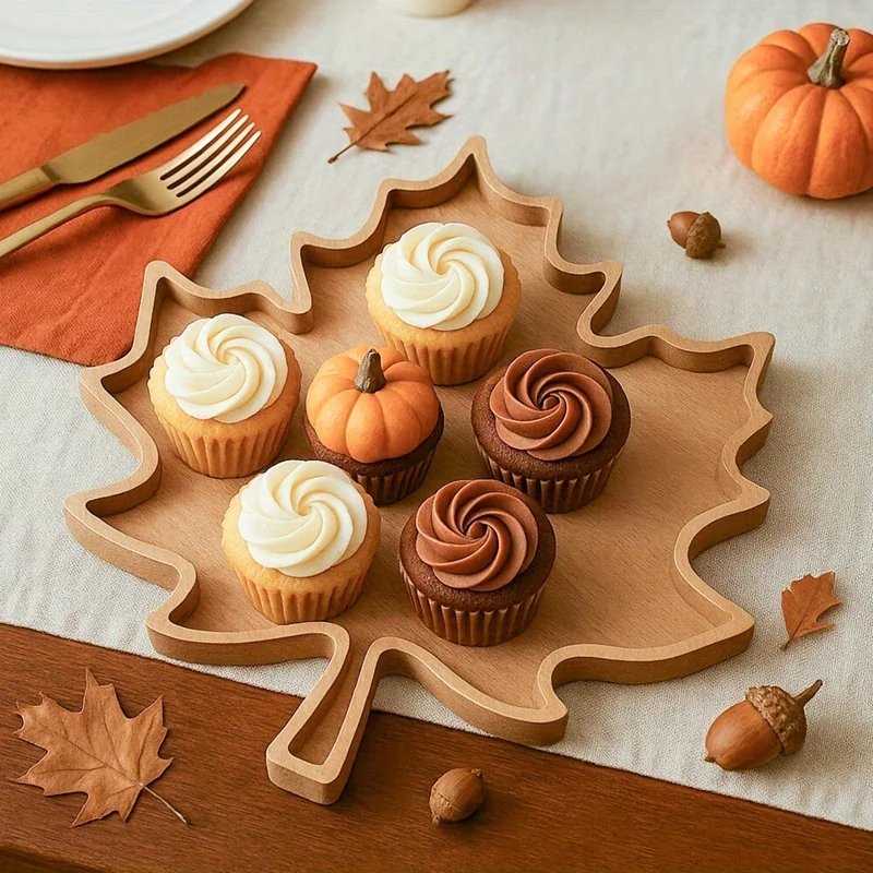 

1pc Maple Leaf-Shaped Serving Tray - Artificial Wood Food-Safe Dessert Plate for Thanksgiving, Halloween, Fall Harvest Parties