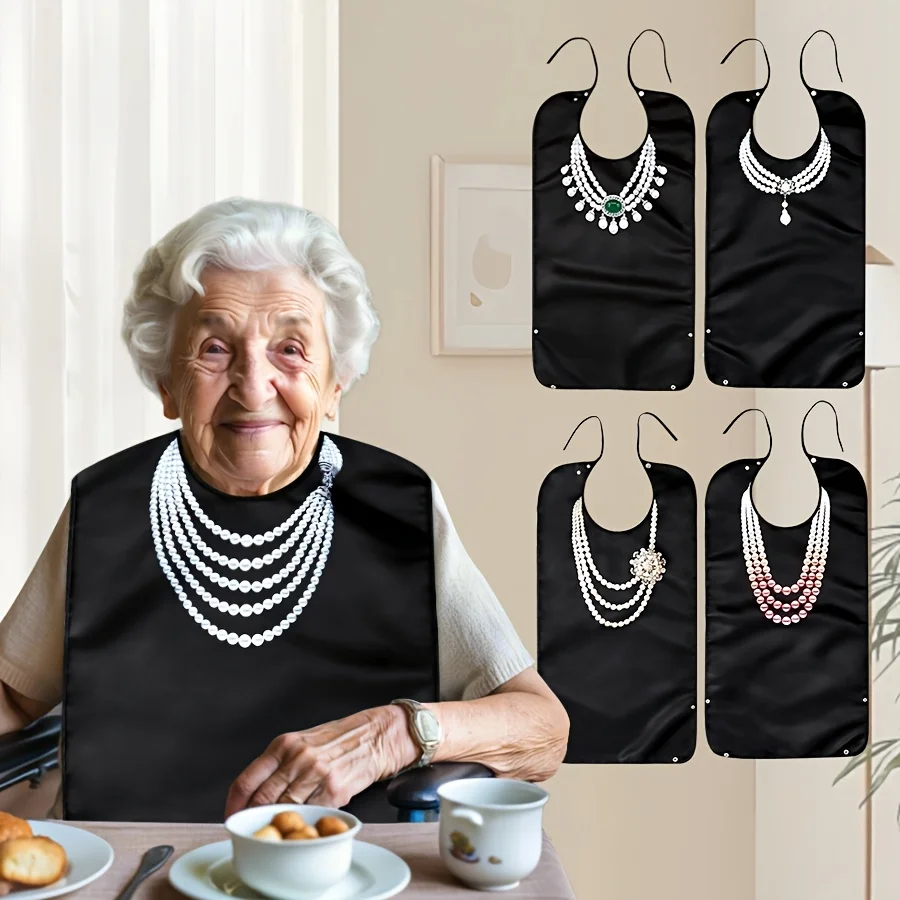 Adult Bib with Debris Collection Double Waterproof Printed Feeding Bib Easy To Clean Reusable Apron for Elderly and Disabled