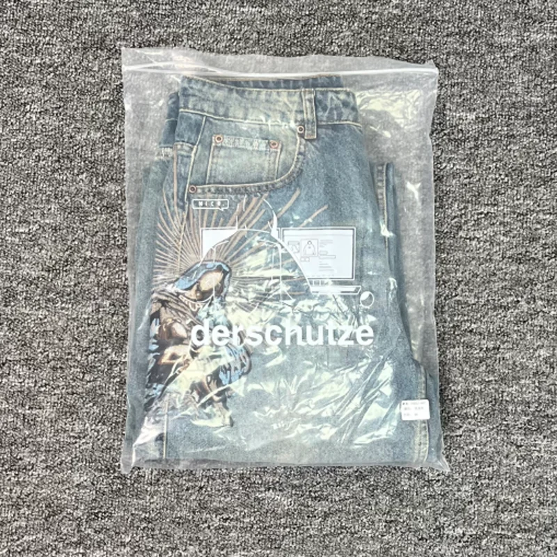 صور حقيقية Derschutze Street Retro Do Old Ripped Jeans التطريز الإلهي تمثال فضفاض عادية مستقيم الساق السراويل الرجال النساء