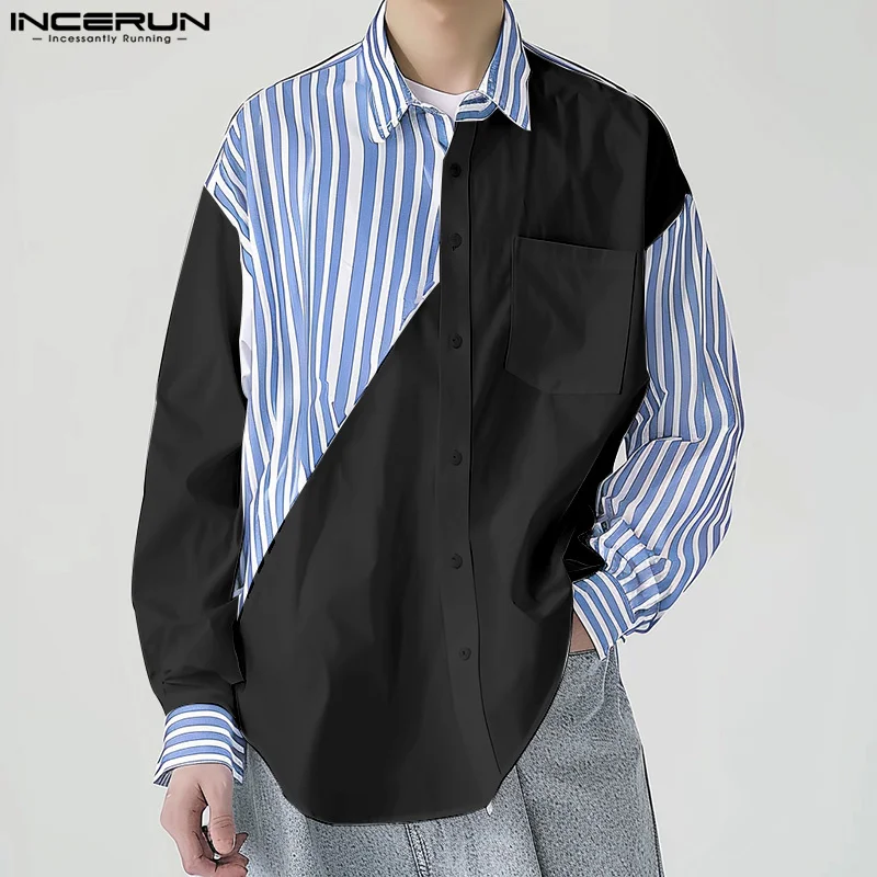 INCERUN Tops 2024 Korean Style Men\'s Striped Patchwork Contrast Shirts Casual Streetwear Personality Long Sleeved Blouse S-5XL