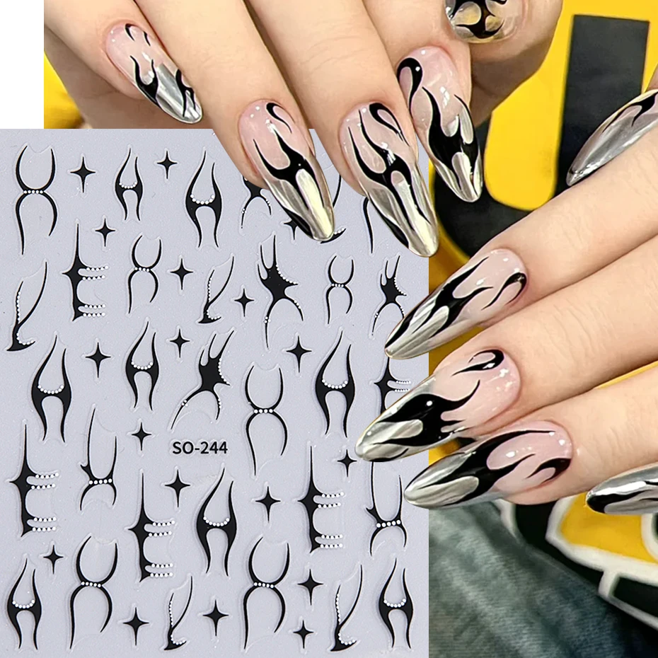 Y2K Flame Nails Art Stickers Metal Silver Black Stripe Lines SelfAdhesive Sliders Design Manicure French Nail Decoration Decals