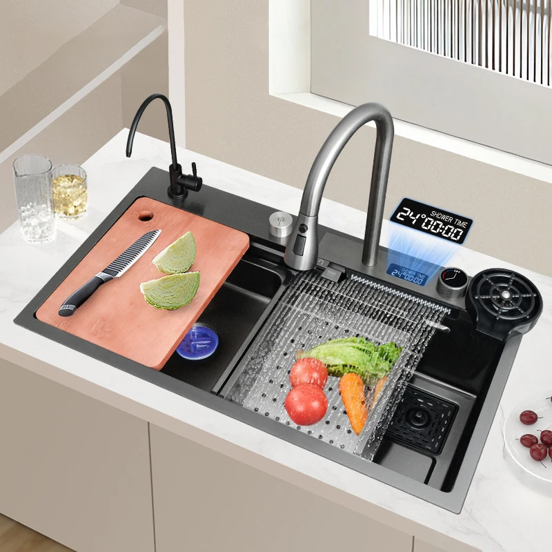 Digital Display Stainless Steel Waterfall Kitchen Sink Large Single Slot hotel Multifunction Wash BasinApartment Farmhouse Sink