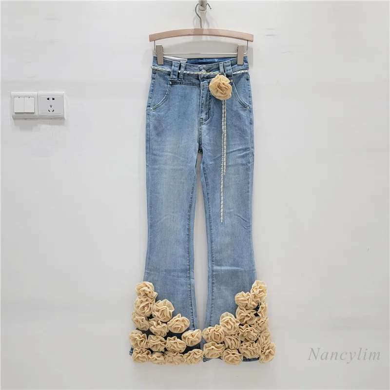 Imagem -03 - Calça Jeans Flare Feminina Decoração de Flores Tridimensionais Calça Pesada Jeans da Moda Primavera e Verão Novo 2024