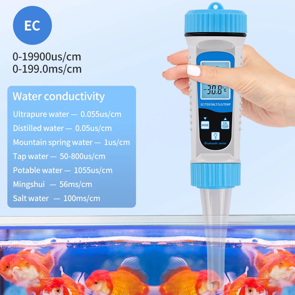 Tester di qualità dell'acqua 5 in 1 Bluetooth EC TDS SALT SG TEMP 2 metodi di calibrazione trasferimento dati in tempo reale per acquario idroponico