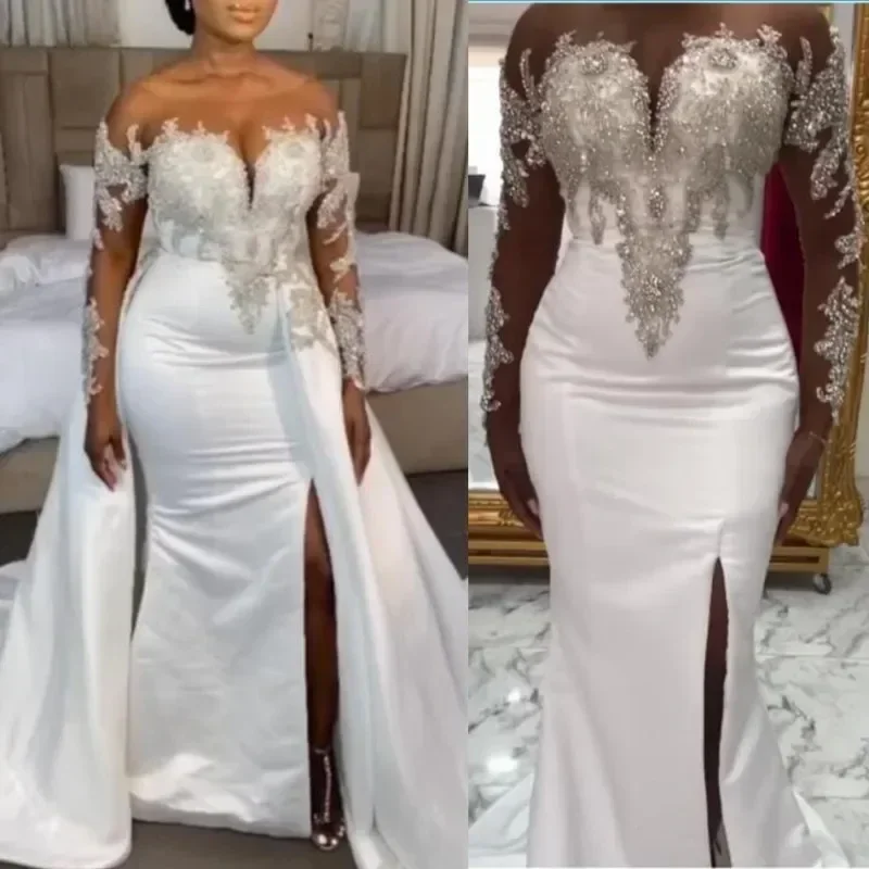 Robe de mariée africaine personnalisée, col rond, grande taille, avec traîne détachable, perles transparentes, fendue sur le côté, robe de mariée sirène en Satin