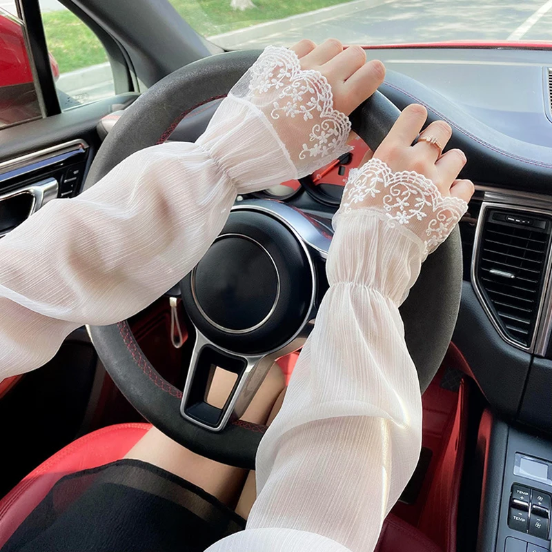 Summer Long Sleeves Women Lace Cycling Driving Arm Warmers Uv Protection Loose Cool Hand Sleeves Fashion Fingerless Gloves