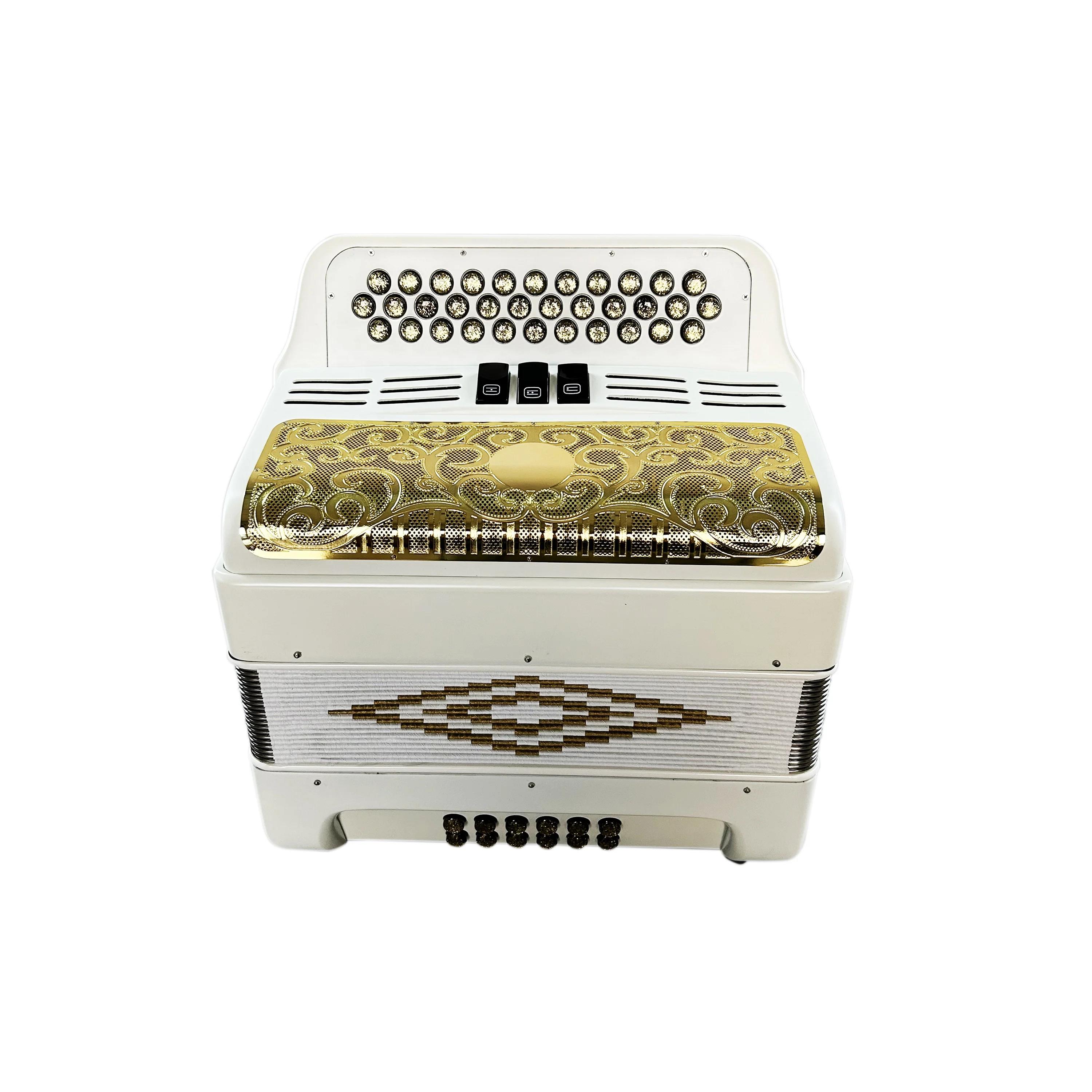Professional 34-Button 12-Bass 3-Register Accordion Matt White Wood Instrument With Gold Grill And Buttons JB3412C
