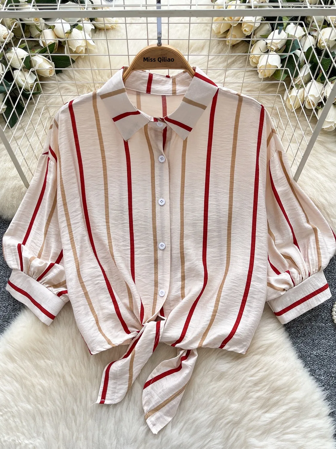 

Summer Women's Stripe irt Cross Tie Waist Lantern Sve Loose Fit ort Top Korean Sle Commute Faion Other Material