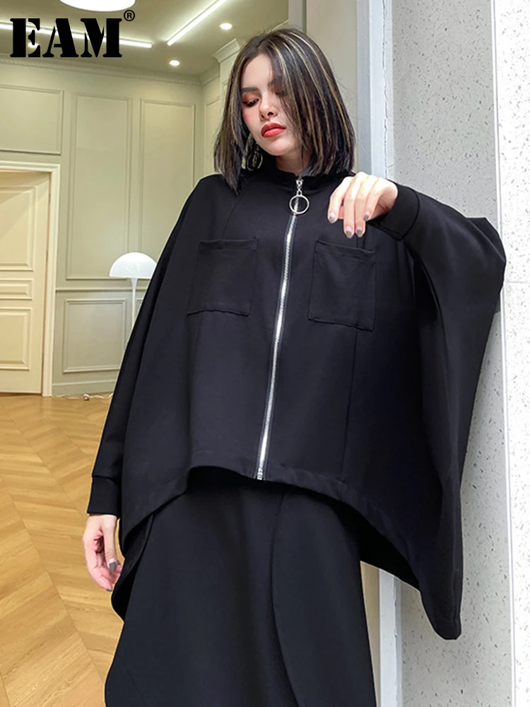 [EAM] Loose Fit Black Big Size Casual Jacket New Stand Collar Long Batwing Sleeve Women Coat Fashion Spring Autumn 2024 1DF0668