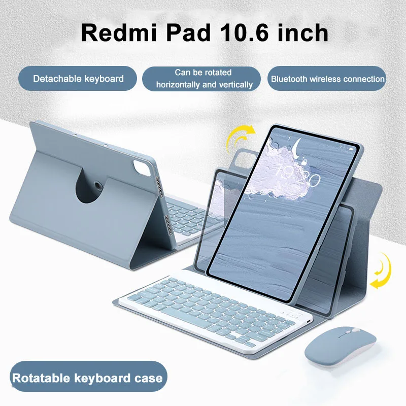 For Xiaomi RedmiPad 10.6 inch 360 Rotating Keyboard Case 2022 Folio Flip Stand Cover PU Leather Shell Tablet Funda For Redmi Pad