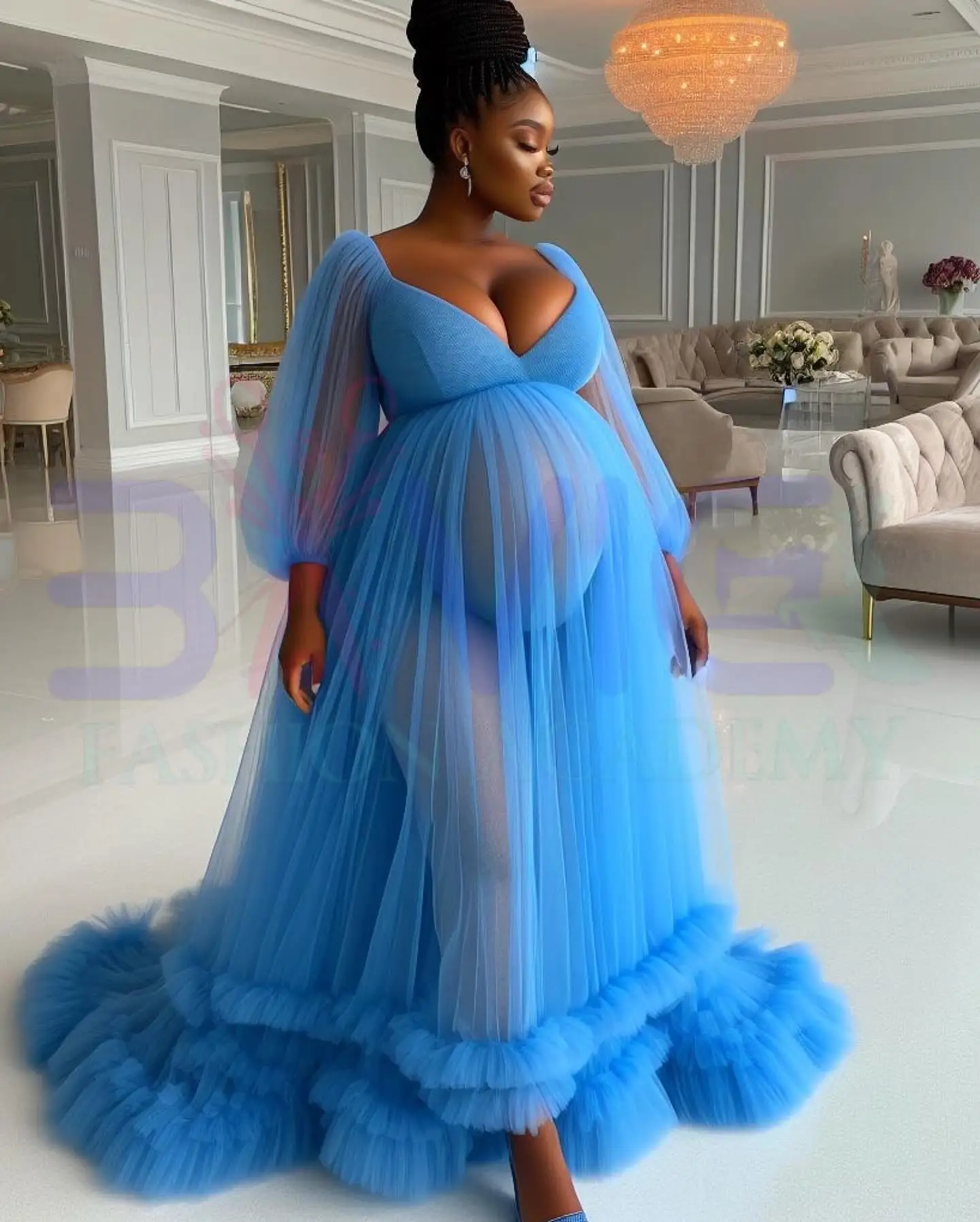 

See Through Maternity Robe Photoshoot Blue Dress V-Neck Puffy Sleeve Pregnant Baby Shower Party Bathrobe Dress Sheer Fluffy Robe