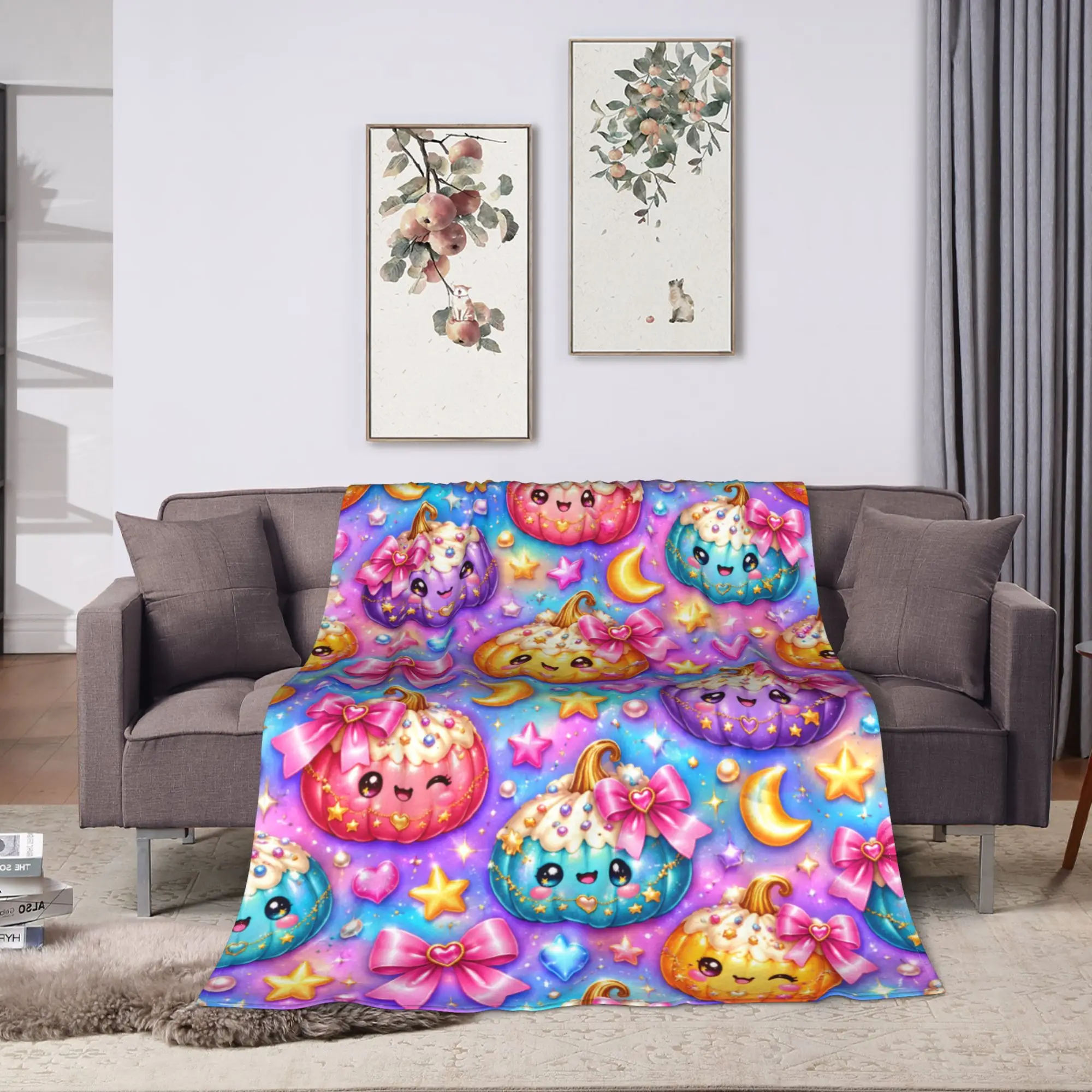 1pc Rainbow Star Sky Cartoon Xiaolongbao Bowknot themed Plush Blanket Flannel Throw Blanket For Home Decor Warm Soft Bedspread