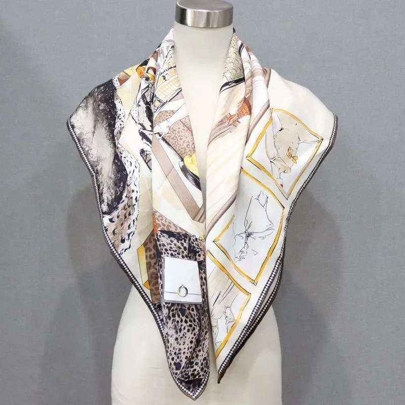 High-end Elegant Women\'s Fine Luxury Double-sided Printed Quality 18MM Twill Silk Hand-rolled Edge Large Square Scarf Shawl