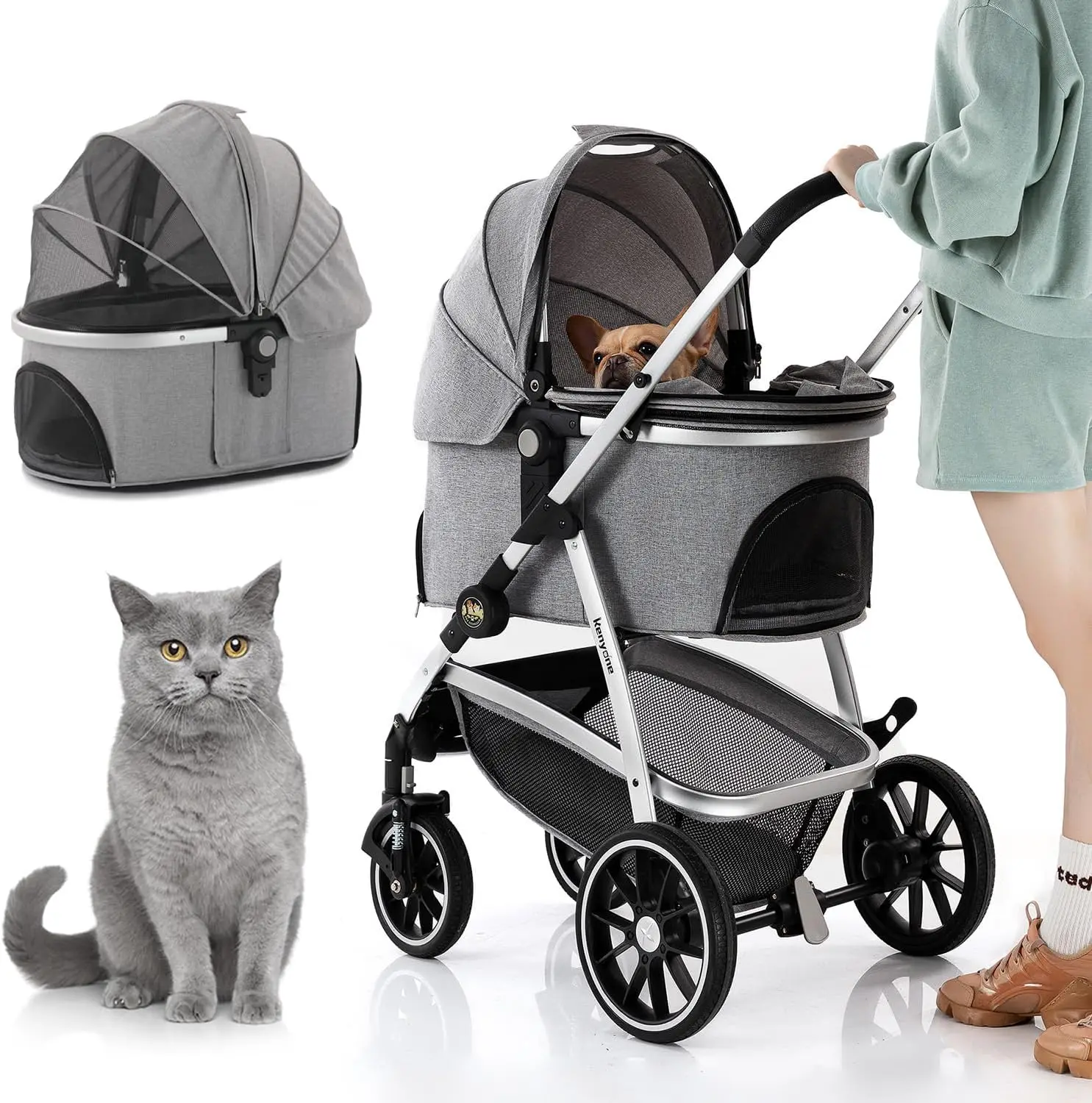 3 in 1 Multifunction Pet Travel System 4 Wheels Foldable Aluminum Alloy Frame Carriage for Small Medium Dogs & Cats (Gray)