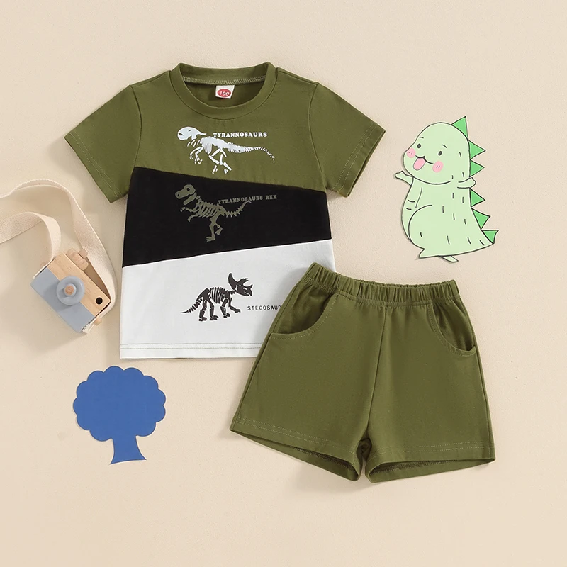 

2024-02-29 Lioraitiin Toddler Baby Boy Summer Outfits Round Neck Short Sleeve Dinosaur Print Tops + Elastic Waist Shorts Set