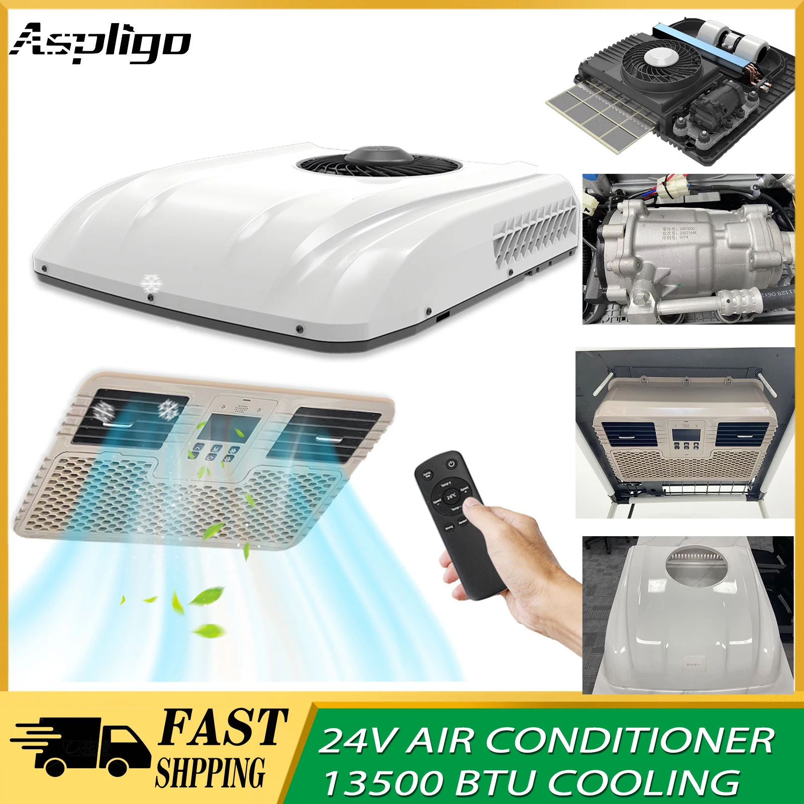 

Aspligo 13500BTU Cooling Electric Roof Air Conditioner 24V Car Parking Conditioning For Motorhome Excavator Forklift Camper Van