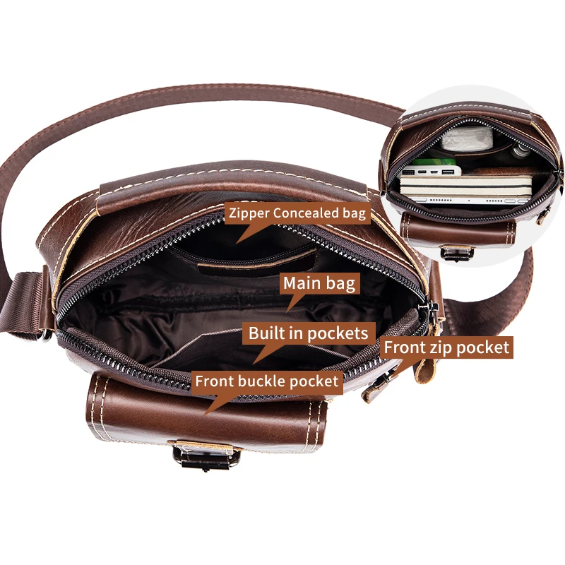Bolsa de ombro pequena de couro para homens, couro genuíno, mini bolsa crossbody retrô, bolsa vertical casual