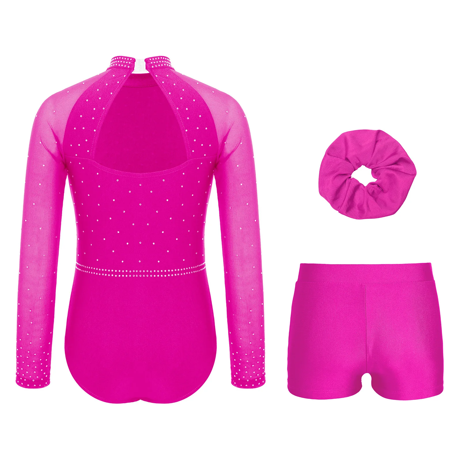 ชุดยิมนาสติกเด็กผู้หญิง ผ้าตาข่ายแขนยาว ประดับคริสตัล ชุดบอดี้สูทบัลเลต์ กางเกงขาสั้น ที่คาดผม ชุดฟิกเกอร์สเก็ต