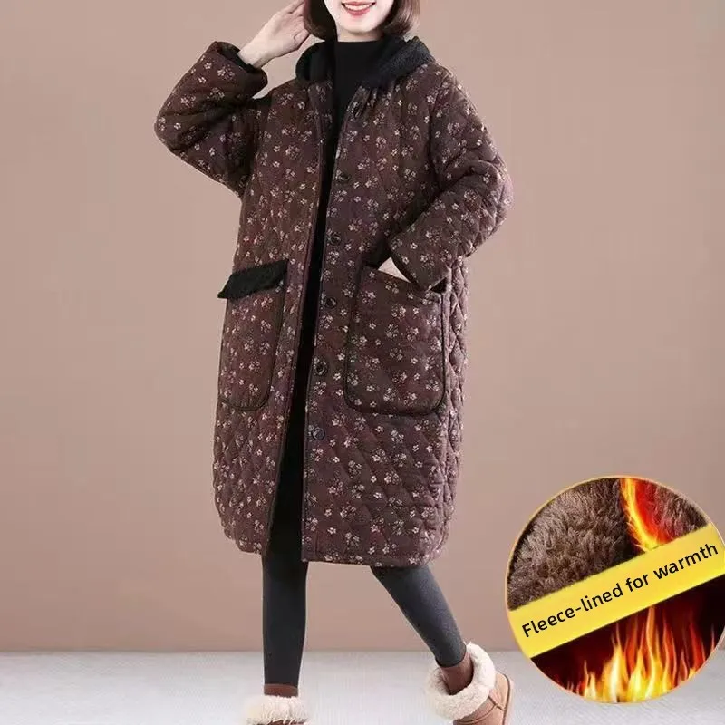 Thiened Warme Baumwolle Jaet Frauen Winter Neue Lose Große Größe Casual Druck Polyester Faser Gefüllt Mantel Mit Kapuze Mid-Länge