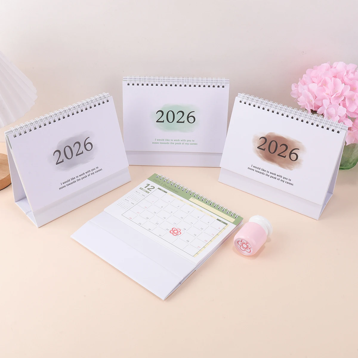 

2026 Desk Calendar Set Red Flower Stamps, Cute Small Flip Standing Office School Planner, Motivational Reward Calendar