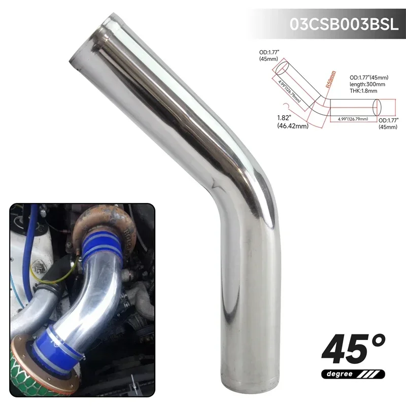 

Aluminum Universal 45mm/1.77 "inch Turbo 45 Degree Intercooler Pipe Piping Tubing Length 300mm