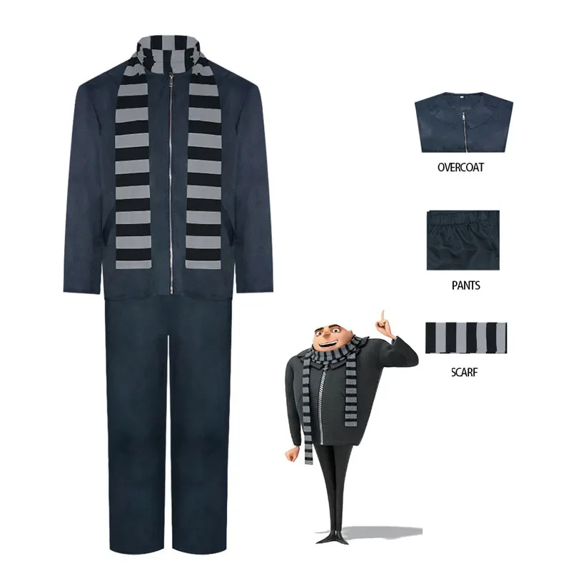 Película Despicable Me Gru Cosplay uniformes oscuros traje Gru hombres adultos abrigo pantalones bufanda traje de fantasía para Halloween Navidad