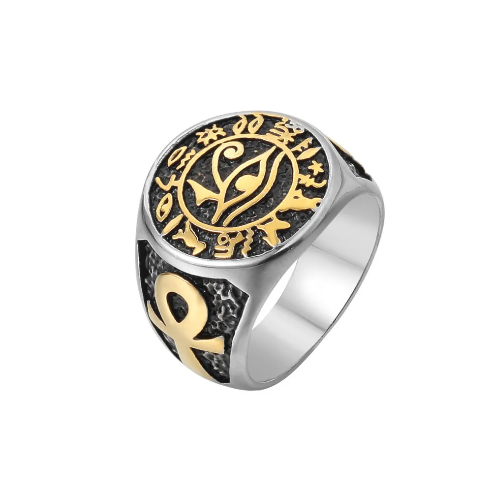 

Men Vintage Egyptian Eye of Horus Ring Stainless Steel Mysterious Ancient Egypt Text Symbol Ankh Rings Punk Amulet Jewelry Gift