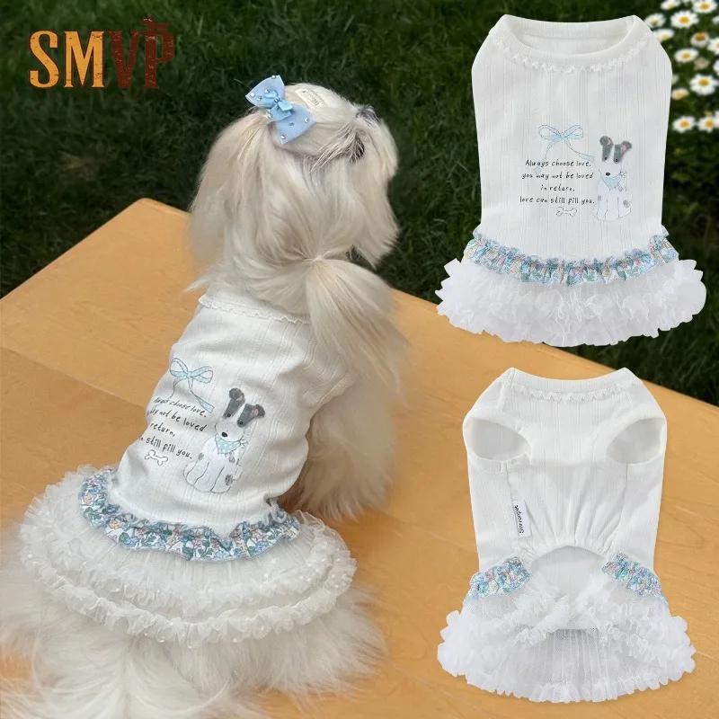 Cute Puppy Floral Lace Dress Pet Dog Sleeveless Cotton Vest with Tulle Hem Lightweight Summer Outfit for Small Breeds Dog Dress