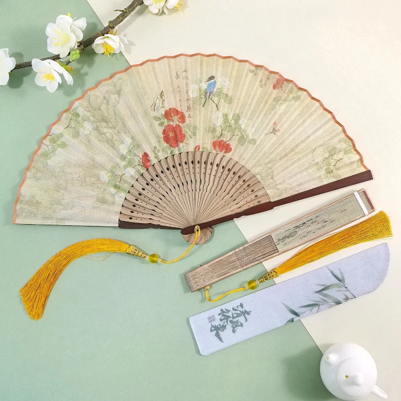 Ancient Style Folding Silk Cloth Bamboo Fan Portable Handheld Summer Cooling Daily Fan for Women Hanfu Cheongsam Photography