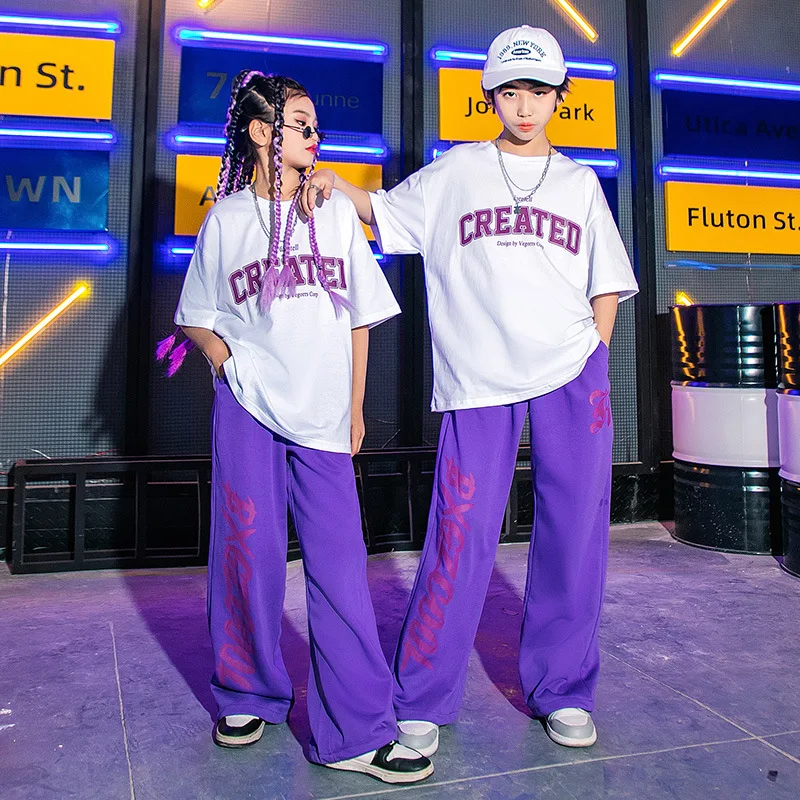 Kid Hip Hop Clothing White Graphic Tee Oversized T Shirt Top Purple Casual Sweat Pants for Girl Boy Jazz Dance Costume Clothes