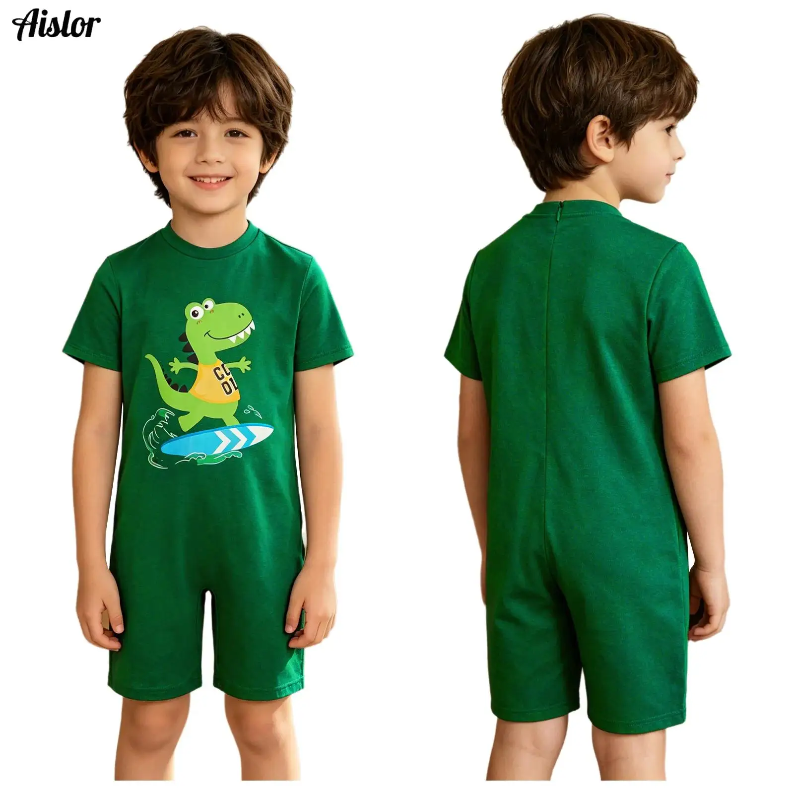 Kid Special Needs Adaptive Clothing Children Jumpsuit Short Sleeve Dinosaur Print Anti-Strip Bodysuit Homewear Daily Wear