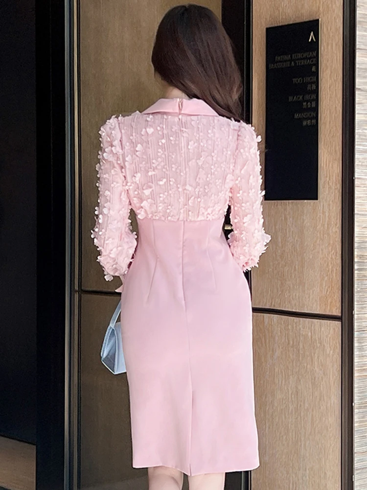 Women's Fashion Elegant OL Midi Dress Woman Clothing Pink Flower Double Breasted Fake 2 Piece Robe Party Business Vestidos Mujer